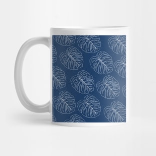 monstera tropical plant hawaii aloha print dark blue navy and white Mug